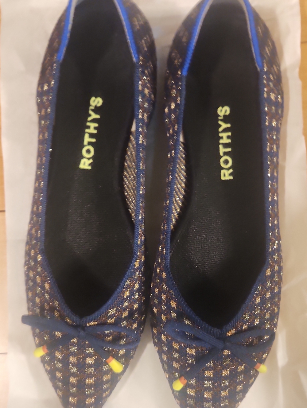 Rothy's Navy and Gold Pointed Knit Ballet Flats 8.5